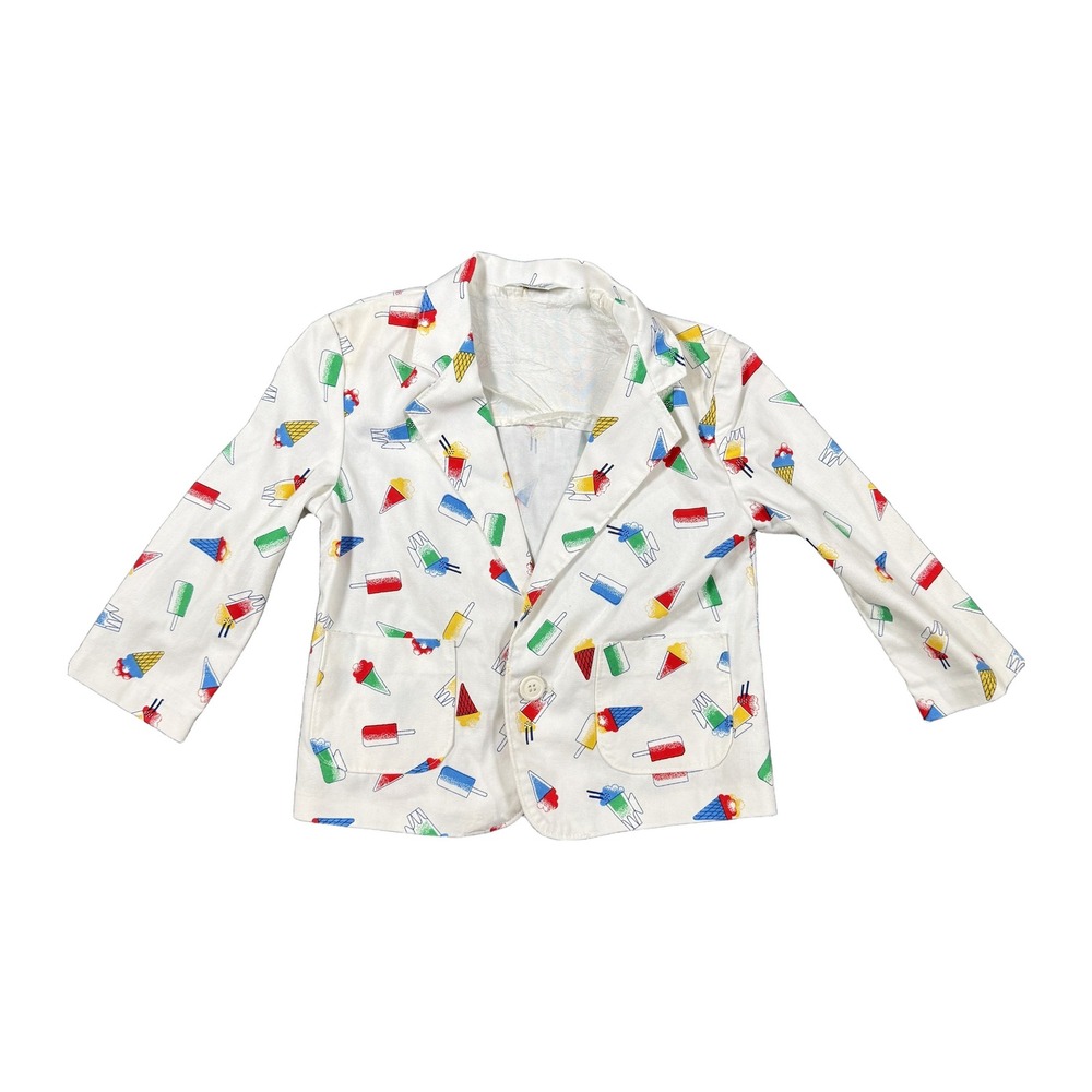 Vintage Kids 4T Ice Cream Popsicle Print Blazer Jacket White Multi Made in USA